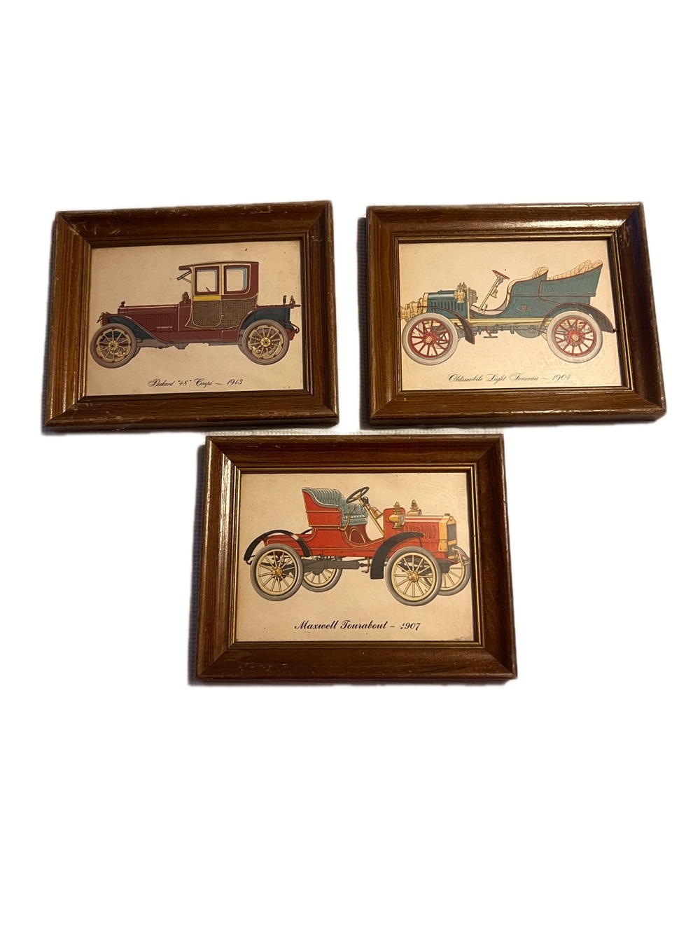 Brass Era Auto Wood Antique Framed Lithographs- Packard, Oldsmobile, Maxwell